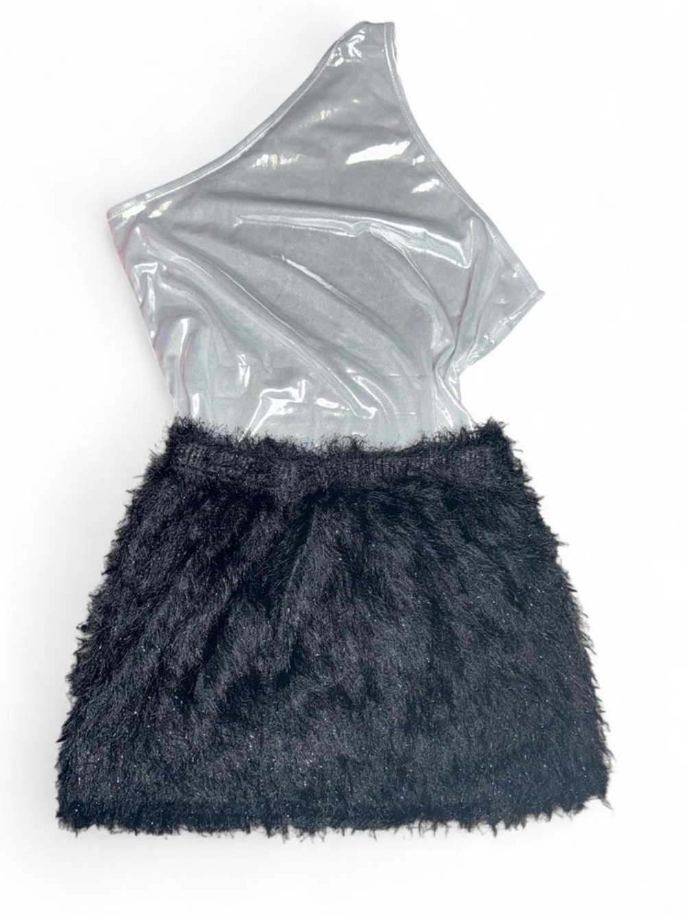 Silver metallic One shoulder bodysuit and black faux fur skirt, brand new